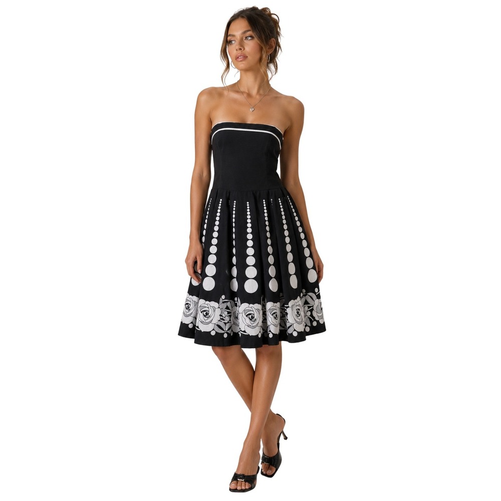 Vintage Ruby Rox Polka Dot Rose Floral Strapless Fit Flare Dress Black White 7